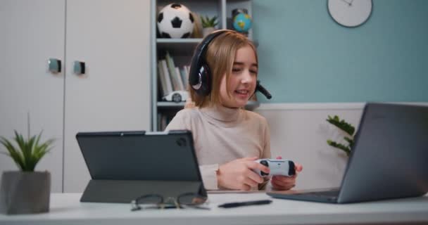 Caucasian Years Old Girl Gamer Playing Video Games Home Happy — Stock Video