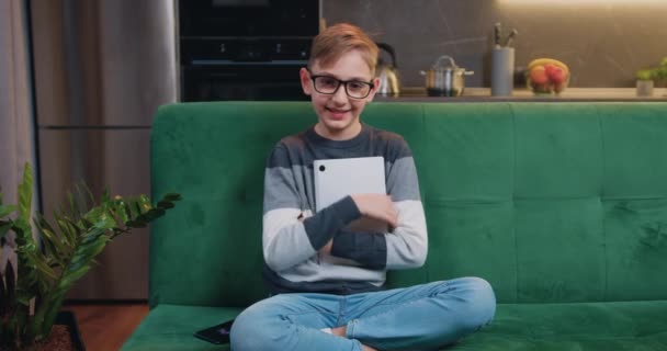 Portrait Year Old Cute Boy Holding Tablet Device Sitting Comfortable — Stock Video