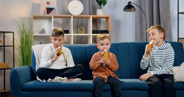 Lovely Positivo Diferentes Idades Três Meninos Sentados Sofá Macio Casa — Fotografia de Stock