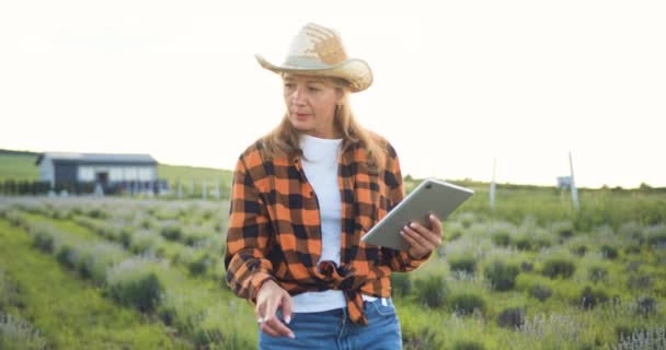 Technologia Nowoczesnej Koncepcji Rolnictwa Kobieta Farmerka Tabletem Ocenia Zbiory Zielona — Wideo stockowe