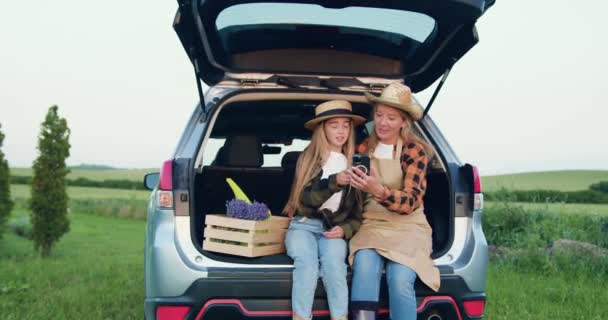 エプロンで服を着た農民 娘の家族は 新鮮なラベンダーが日没時に畑にタブレットを使用する木箱の隣の車のトランクに座っています 小規模ファミリービジネスコンセプト — ストック動画