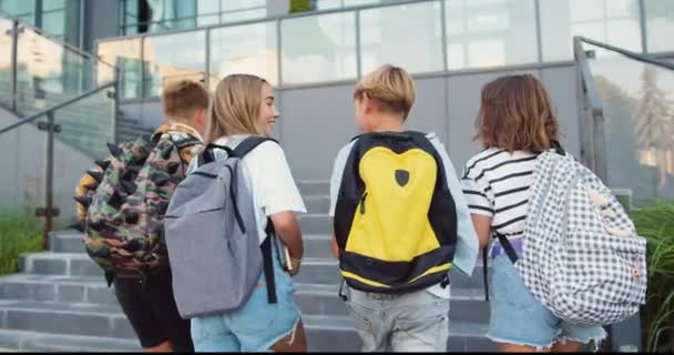 Rückansicht Gut Aussehende Schulkameraden Steigen Mit Rucksäcken Treppen Zum Unterricht — Stockvideo