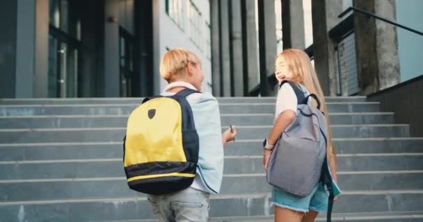 快乐的学生们在户外散步 互相交谈 带着书本和背包在课后一起走在校园里的快乐多样的青春期前朋友的画像 慢动作 — 图库视频影像