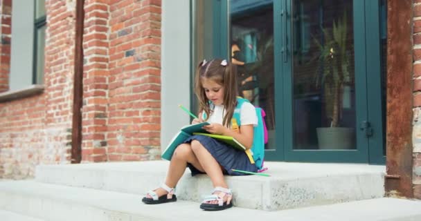 Alegres Estudiantes Primaria Que Escriben Sus Copybooks Sentados Calle Escaleras — Vídeos de Stock