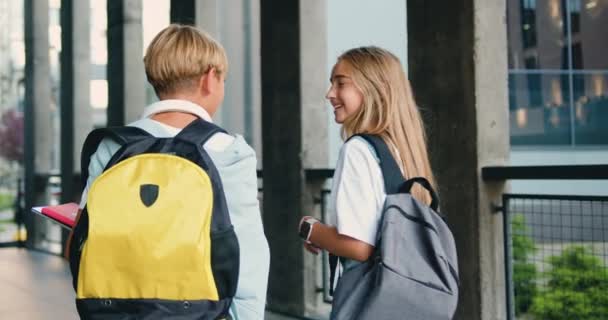 两个小学的男孩和女孩一起步行上学 后视镜回到学校和友谊的概念 慢动作 — 图库视频影像