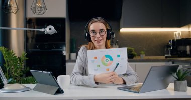 İş kadını girişimci kameraya bakıyor ve web kamerası ve kulaklıkla konferans konferansı aracılığıyla konuşuyor. İçişleri Bakanlığı 'ndaki mevcut projenin istatistik raporlarını içeren veri grafik istatistikleri var.