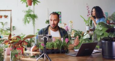 Önlüklü yakışıklı bahçıvan müşterilerle telefon görüşmeleri yapıyor ve blog videoları kaydediyor. Genç yetişkin içerik yaratıcısı etkili blog yazarı iş yerindeki kapalı alan bitkilerinin bakımıyla ilgili bir video kaydediyor. Yavaş