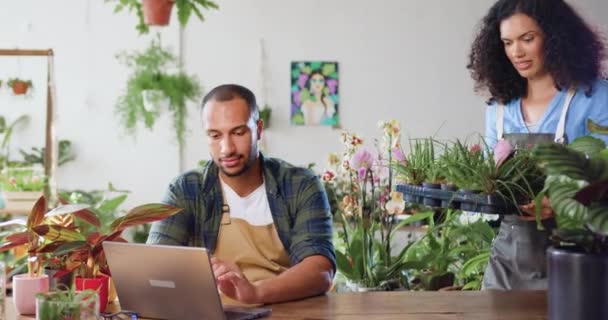 자신의 꽃집에서 아프리카계 미국인 남자는 노트북에 동료와 식물을 보여주는 앞치마에 — 비디오