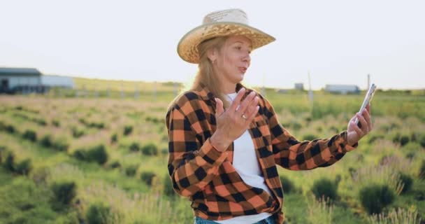 帽子の中年の美しい女性農家は 日没のフィールドに立っている農業パートナーとのオンライン会議を持っています 電話による農業専門のビデオ通話 スローモーション — ストック動画