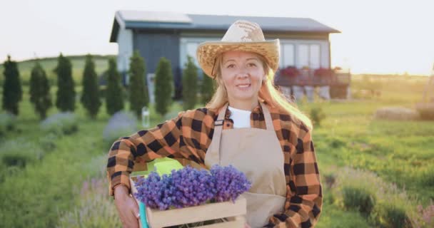 ハッピー笑顔の女性農家は カメラを見ている村の夏の家で新鮮なラベンダーの花のバスケットと木箱を保持する帽子で 小規模ファミリービジネスコンセプト スローモーション — ストック動画
