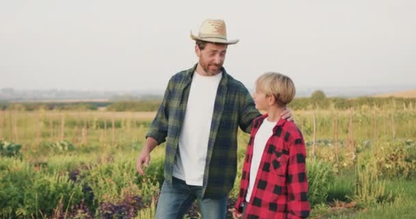 Farmer Père Fils Marchant Ensemble Dans Champ Légumes Ouvrier Paysan — Video