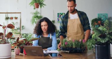 Önlüklü dizüstü bilgisayarlı erkek arkadaşını kullanan Afrikalı Amerikalı kadın çiçekçi modern çiçekçide bitkileri kontrol ediyor. Takım çalışması ve işbirliği. Küçük bir aile çiçek dükkanı. Yavaş çekim.