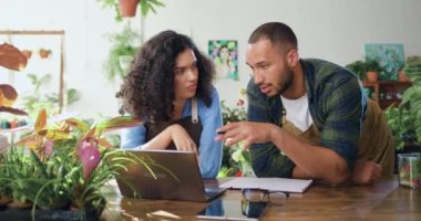 Afro-Amerikan profesyonel çiçekçi kadın ve erkeğin yakın plan portresi dizüstü bilgisayarla masada oturan çiçek teslimatı için online dükkandan sipariş alıyor. Aile mağazası sahipleri çalışıyor ve...