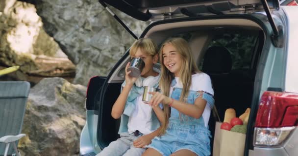 Wesoły Brat Siostra Siedzą Bagażniku Samochodu Piją Herbatę Rozmawiają Podczas — Wideo stockowe