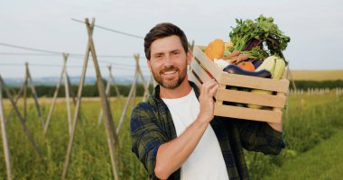 Omzunda taze sebzelerle ahşap kutu tutan ve gün batımında tarlada kameraya bakan gülümseyen çiftçi iş adamı portresi. Doğal sağlıklı yiyecekler. Tarım gıda endüstrisi kavramı.