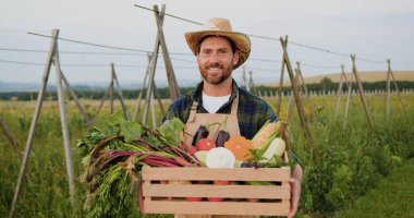 Gülümseyen beyaz erkek çiftçi işçinin portresi. Elinde organik beslenme sepetinin olduğu bir sepet var. Gün batımındaki açık araziye bakan taze sebzeler. Başarılı iş adamı çeşitli taze ürünler sunuyor.