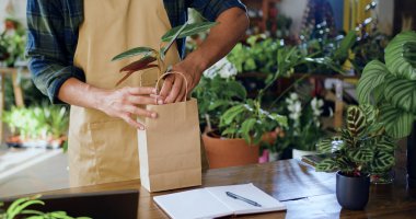 Kapatın ellerinizi çiçekçi işçi paketlerini kağıt torbalara doldurun ve çiçekçide ev bitkisi satın. Çiçekçiden alışveriş. Çiçek serasında çalışan çiçekçi müdürü. Halk ve iş kavramı.