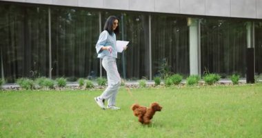 Günlük giysiler içinde genç bir kadın elinde dizüstü bilgisayarla parkta Maltipoo köpeğiyle koşuyor. Aktif yaşam tarzını dışarıdaki işlerle dengeliyor. Yavaş çekim