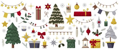 Bir dizi Noel ikonu. Noel ağacı, hediye kutuları, çanlar ve mumlar. Düz boho renkli vektör çizimi. Tatil eşyaları koleksiyonu çizimi. Tebrik kartı boho tarzı için Element Tasarımı