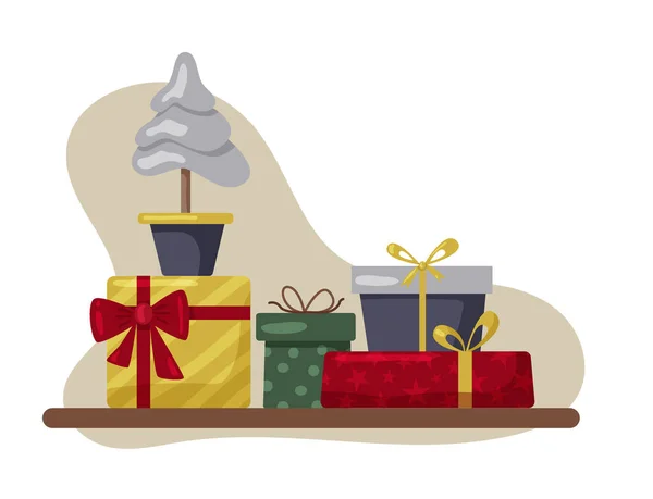 クリスマスツリーにプレゼント グリーティングカード 招待状 バナー ウェブのための松 アイコンコレクション 贈り物付きの美しいエレガントなクリスマスツリー 近代的なフラットデザイン Bohoスタイル — ストックベクタ