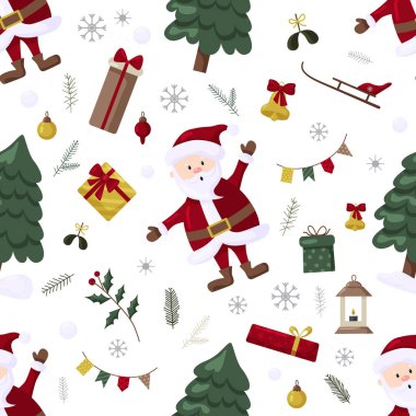 Noel ağacı, Noel Baba, süs, hediyeler. Tekstil, ambalaj, duvar kâğıdı ve tasarım için kusursuz Noel deseni
