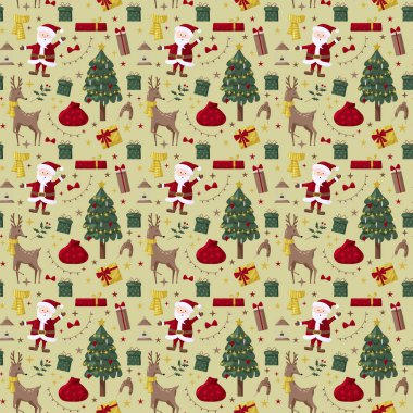 Noel ağacı, Noel Baba, süs, hediyeler. Tekstil, ambalaj, duvar kâğıdı ve tasarım için kusursuz Noel deseni