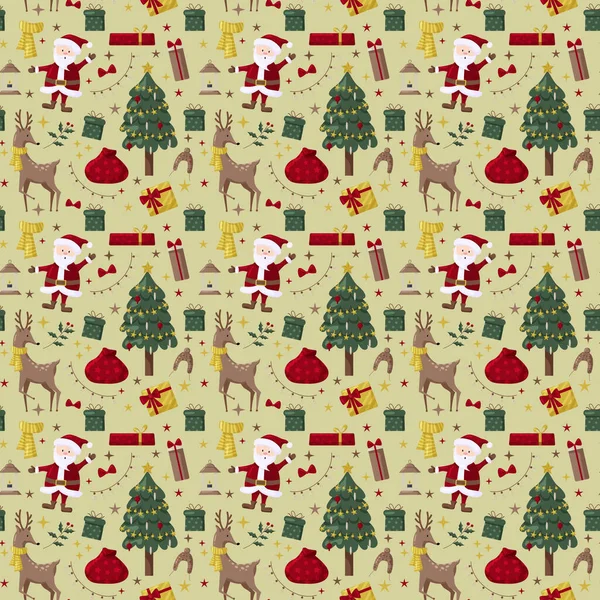 Kerst Naadloos Patroon Met Boom Santa Decoratie Geschenken Kerst Naadloos — Stockvector