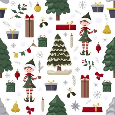 Noel ağacı, Noel Baba, süs, hediyeler. Tekstil, ambalaj, duvar kâğıdı ve tasarım için kusursuz Noel deseni