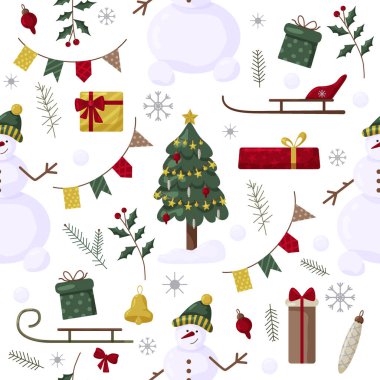 Noel ağacı, Noel Baba, süs, hediyeler. Tekstil, ambalaj, duvar kâğıdı ve tasarım için kusursuz Noel deseni