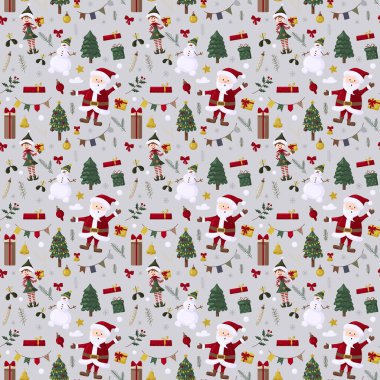 Noel ağacı, Noel Baba, süs, hediyeler. Tekstil, ambalaj, duvar kâğıdı ve tasarım için kusursuz Noel deseni