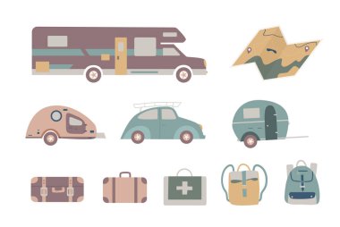 Bir karalama ormanı kamp tasarımı seti. El çizimi yürüyüş ve kamp karalamaları yaz kampı broşürleri ve posterleri için mükemmel.