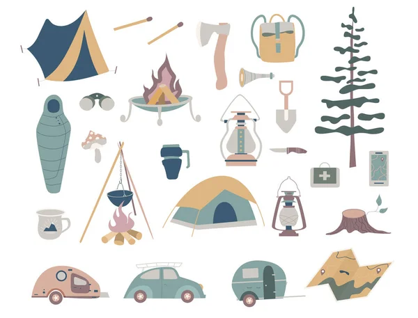 Set Doodle Forest Camping Design Elements Hand Drawn Hiking Camping — Stock Vector