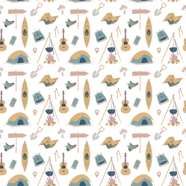 Hiking and camping seamless pattern with travel elements. Seamless pattern for design, posters, backgrounds Hiking, travel and camping theme. Tent, guitara, mug, map, camera, binoculars