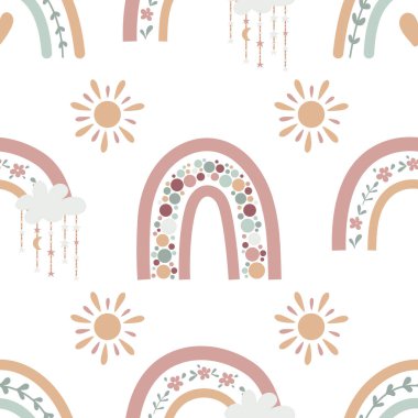 Boho bebek gökkuşağı pürüzsüz desen. Projeniz için Boho renk gökkuşağı arkaplanı