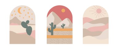 Boho boho logo kaktüsü çok az stil içeriyor. Dekorasyon için peyzaj, kaktüs logo desenleri boho rengi, geometrik soyut tasarım