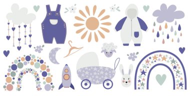 Boho bebek gökkuşağı klipsi. Boho renk gökkuşağı, çocuklarınız için hayvanlar ve bebek unsurları