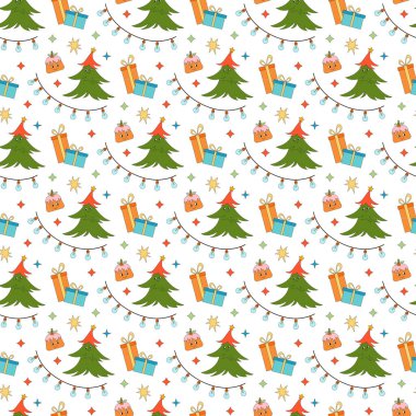 Mutlu Noeller, mükemmel, kusursuz desen. Eski moda animasyon tarzında hippi tatil kış öğeleri koleksiyonu. Harika bir Noel deseni