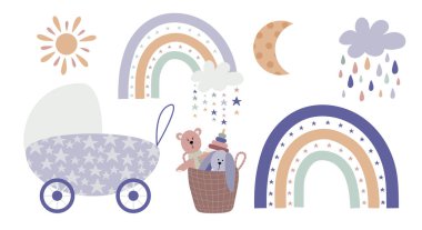 Boho bebek gökkuşağı klipsi. Boho renk gökkuşağı, çocuklarınız için hayvanlar ve bebek unsurları