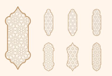 Maşarabiya desenli İslami pencere şekli. Arap kapı çerçevesi. Pencere, kapı ve mashrabiya desenlerinin İslami mimari unsurları