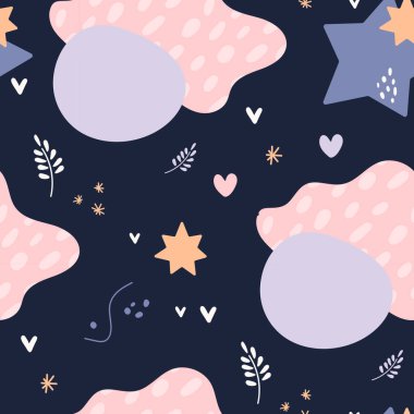 Bohem bebek modeli. Boho tarzında kusursuz bebek deseni. Mavi arka planda organik şekilleri ve yıldızları olan çocuklar için bohem desen