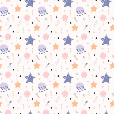 Bohem bebek modeli. Boho tarzında kusursuz bebek deseni. Beyaz arka planda organik şekilleri ve yıldızları olan çocuklar için bohem desen