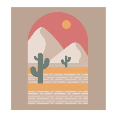 Boho boho logo kaktüsü. Dekorasyon için peyzaj, kaktüs logo desenleri boho rengi, geometrik soyut tasarım