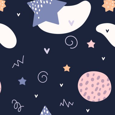 Bohem bebek modeli. Boho tarzında kusursuz bebek deseni. Mavi arka planda organik şekilleri ve yıldızları olan çocuklar için bohem desen