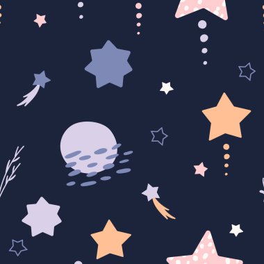 Bohem bebek modeli. Boho tarzında kusursuz bebek deseni. Mavi arka planda organik şekilleri ve yıldızları olan çocuklar için bohem desen