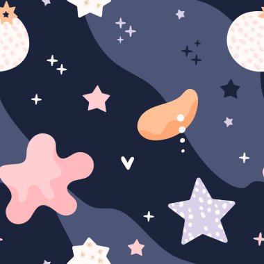 Bohem bebek modeli. Boho tarzında kusursuz bebek deseni. Mavi arka planda organik şekilleri ve yıldızları olan çocuklar için bohem desen