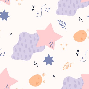 Bohem bebek modeli. Boho tarzında kusursuz bebek deseni. Beyaz arka planda organik şekilleri ve yıldızları olan çocuklar için bohem desen