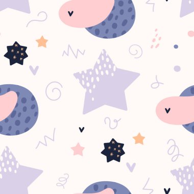 Bohem bebek modeli. Boho tarzında kusursuz bebek deseni. Beyaz arka planda organik şekilleri ve yıldızları olan çocuklar için bohem desen