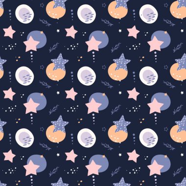 Bohem bebek modeli. Boho tarzında kusursuz bebek deseni. Mavi arka planda organik şekilleri ve yıldızları olan çocuklar için bohem desen