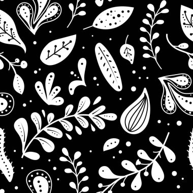 Çiçekli, siyah ve beyaz çiçek desenli kusursuz bir Neo halk sanatları deseni. Neo folk tarzı sonsuz arkaplan tekstil tasarımı için mükemmel