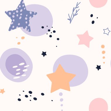 Bohem bebek modeli. Boho tarzında kusursuz bebek deseni. Beyaz arka planda organik şekilleri ve yıldızları olan çocuklar için bohem desen